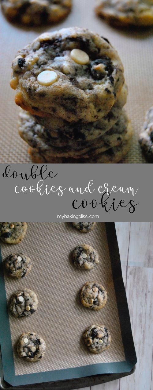 Doubled Cookies and Cream Cookies - jam-packed with mix-ins, these thick and chewy cookies are full of classic cookies and cream flavor that the whole family is sure to love. | mybakingbliss.com #cookiesandcreamcake