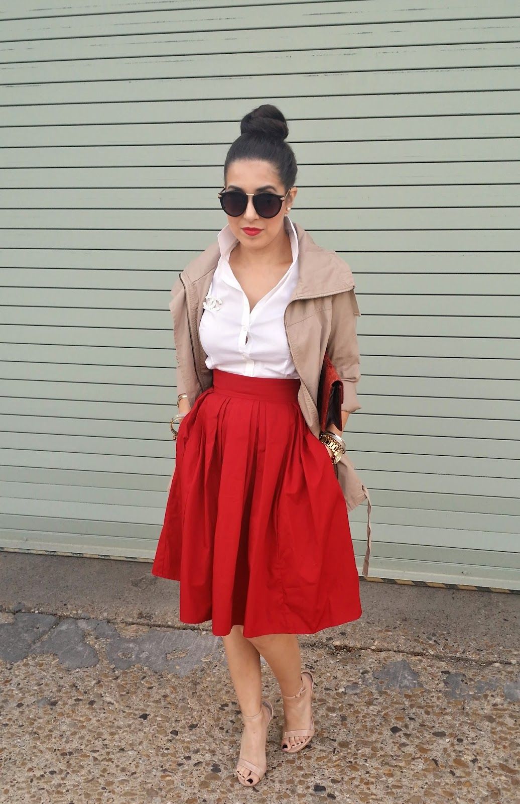 white skirt with red top