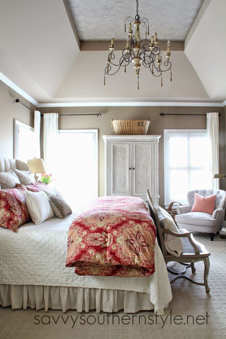 New Color In The Master Hometalk Styles French Country Master Bedroom Pottery Barn Bedding Restoration Hardware Vintage Linen Quilt French Bench Chandelier Tray Ceiling Upholstered Headboard