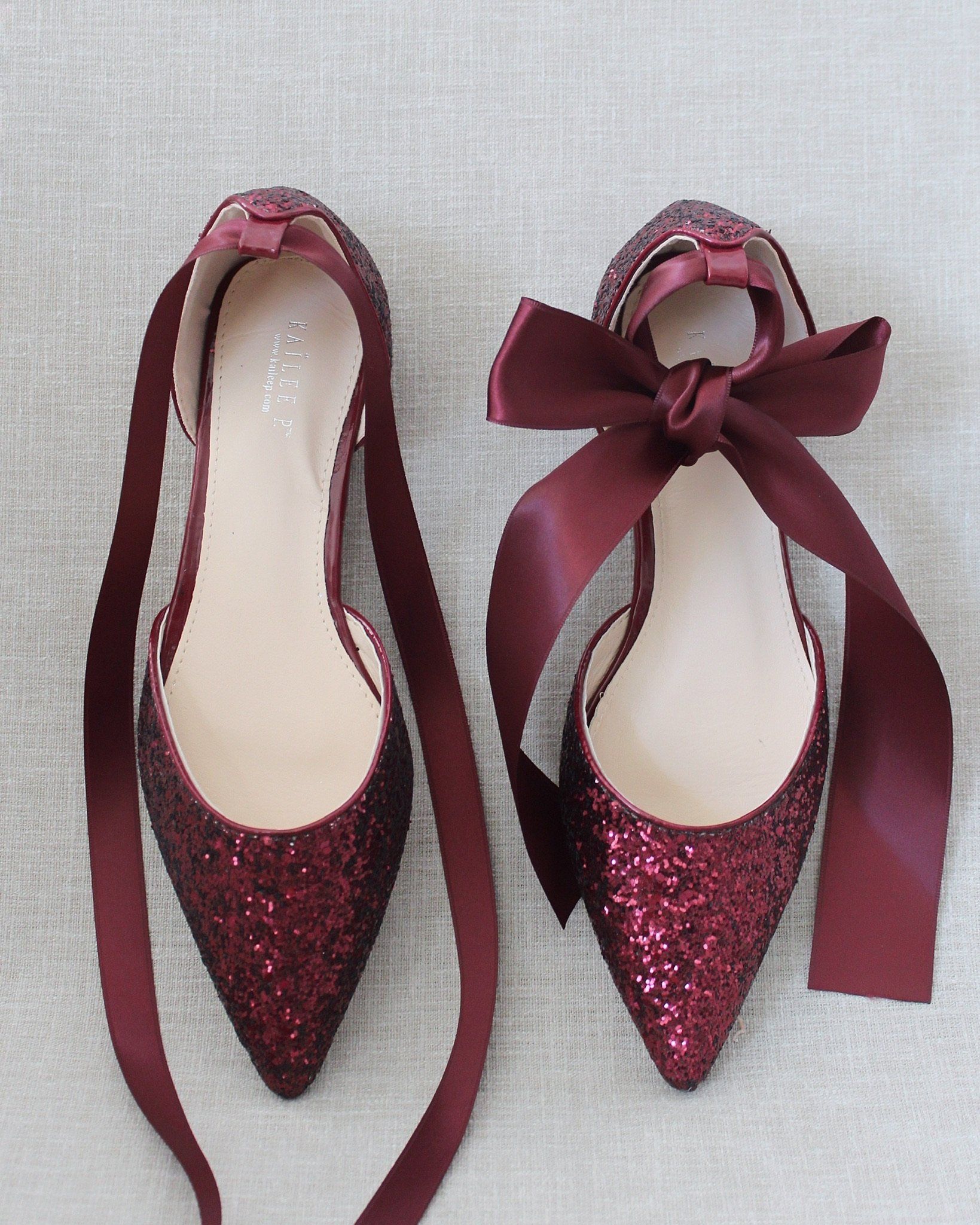 Burgundy Rock Glitter Pointy Toe Flats with Satin Ankle Tie or