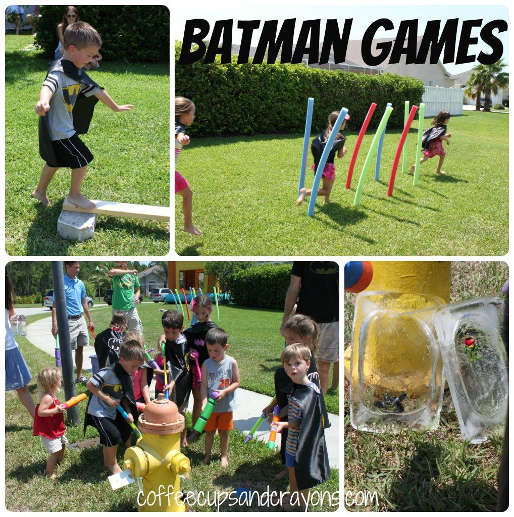 Batman Birthday Party! unfreeze batman with water guns, super hero training- barbell with styrofoam and dowel. giant roll of packing bubbles to make hero sounds, pow, bam ect. hero sub sandwiches. Lego Batman Party, Superhero Birthday Party, Birthday Party Games, Superhero Theme, 6th Birthday Parties, Boy Party, Birthday Fun, Kids Party, Birthday Ideas
