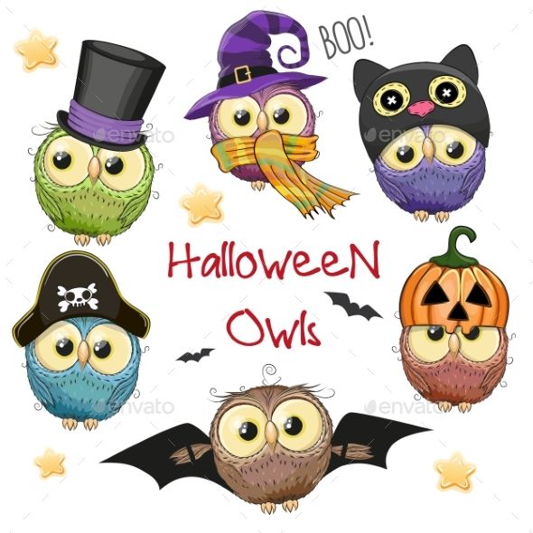 Six Cute Halloween Owls isolated on a white background