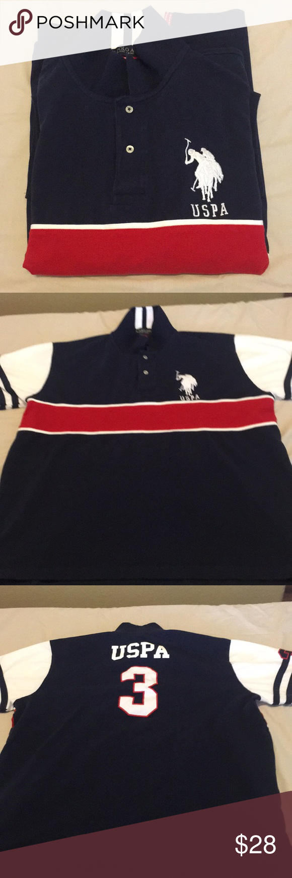 Nwot Us Polo Assn Big Logo Nwot Large Uspa Logo Xxl Blue With White And Red Blue Stripe On Shirt Big Number 3 Logo On Back Polo Assn Clothes Design Nwot