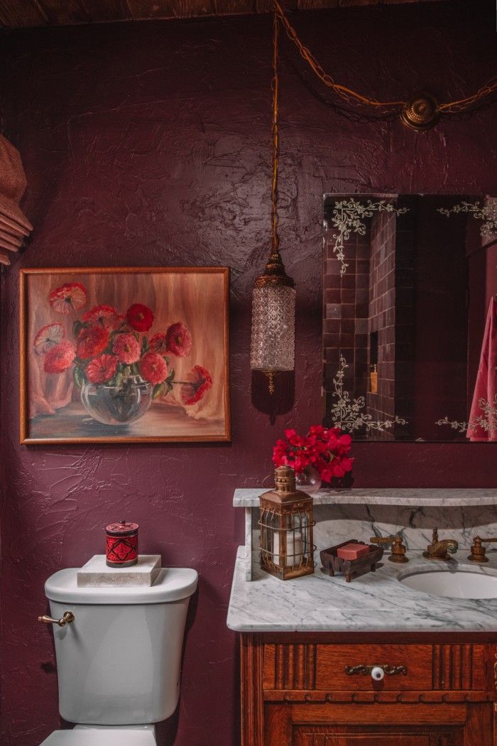 A Rich & Moody Purple Bathroom Antique Buffet, Antique Mirror, How To Antique Wood, Antique Dresser, Dark Purple Bathroom, Purple Bathrooms, Vintage Decor, Vintage Finds, Vibrant Tile