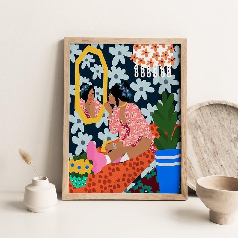 Canvas Print Modern Poster #S229 Boho Wall Decor Boho Modern Eclectic Girl Plants Flowers Art Print Colorful Fashion Art Print