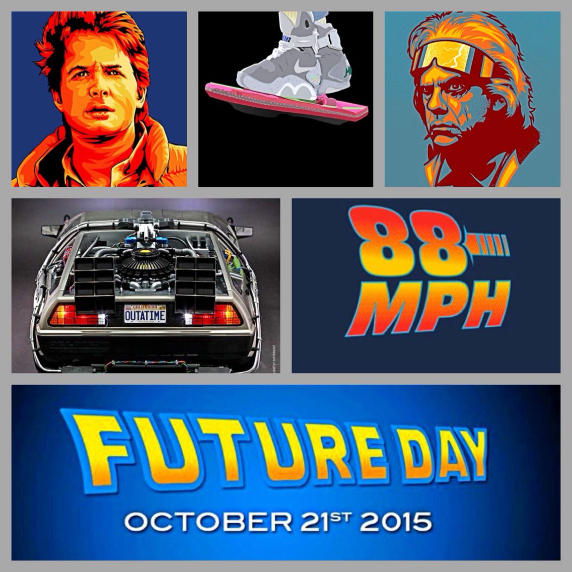 the back to the future day poster is shown with images of people and
