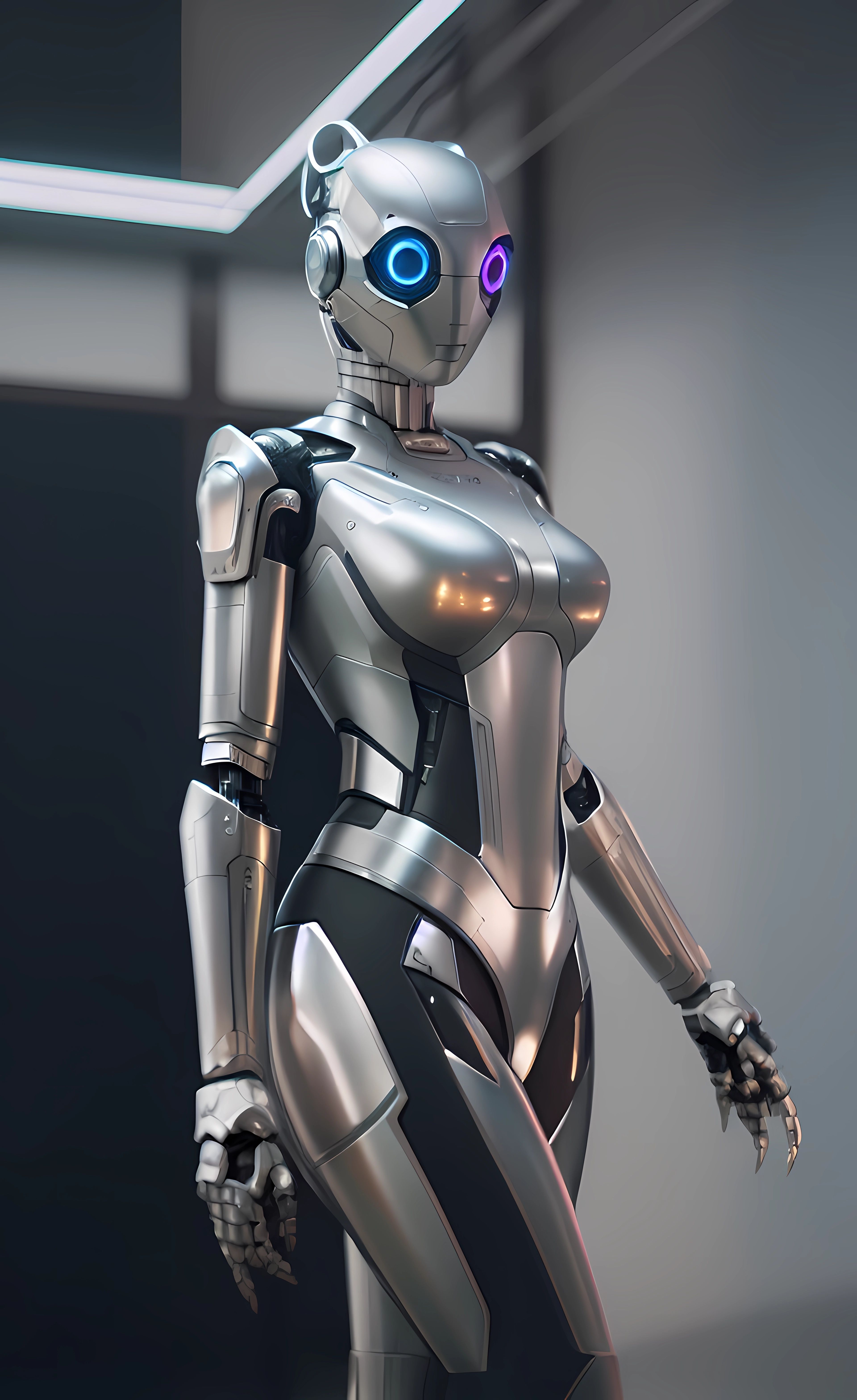 A Robot Is Standing In Front Of A Wall And Looking At Something With a-robot-is-standing-in-front-of-a-wall-and-looking-at-something-with