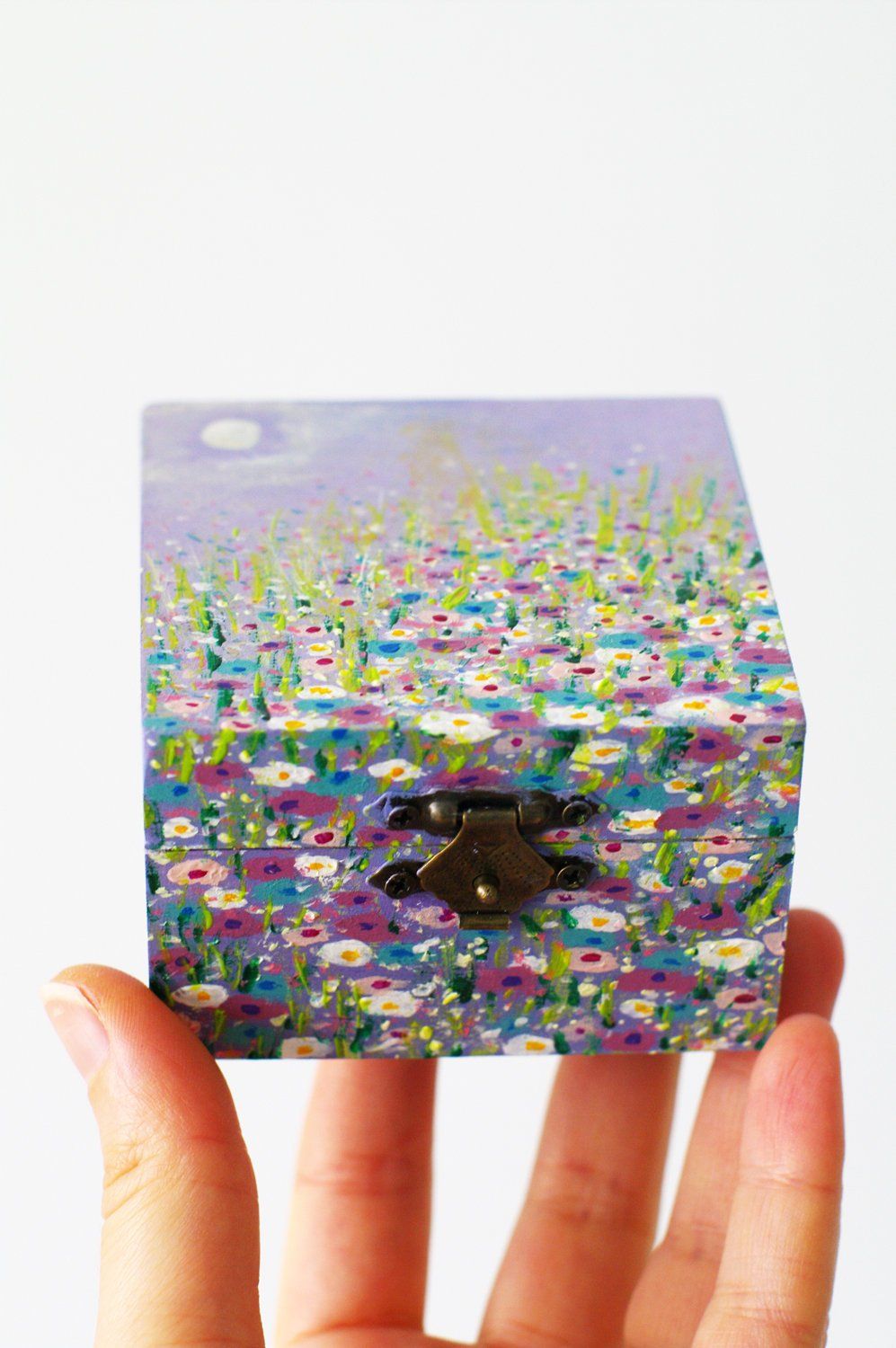 Gift box floral for Grandmother ready to ship Square landscape box - Purple decorative box painting - Jewelry treasury flowers wooden box