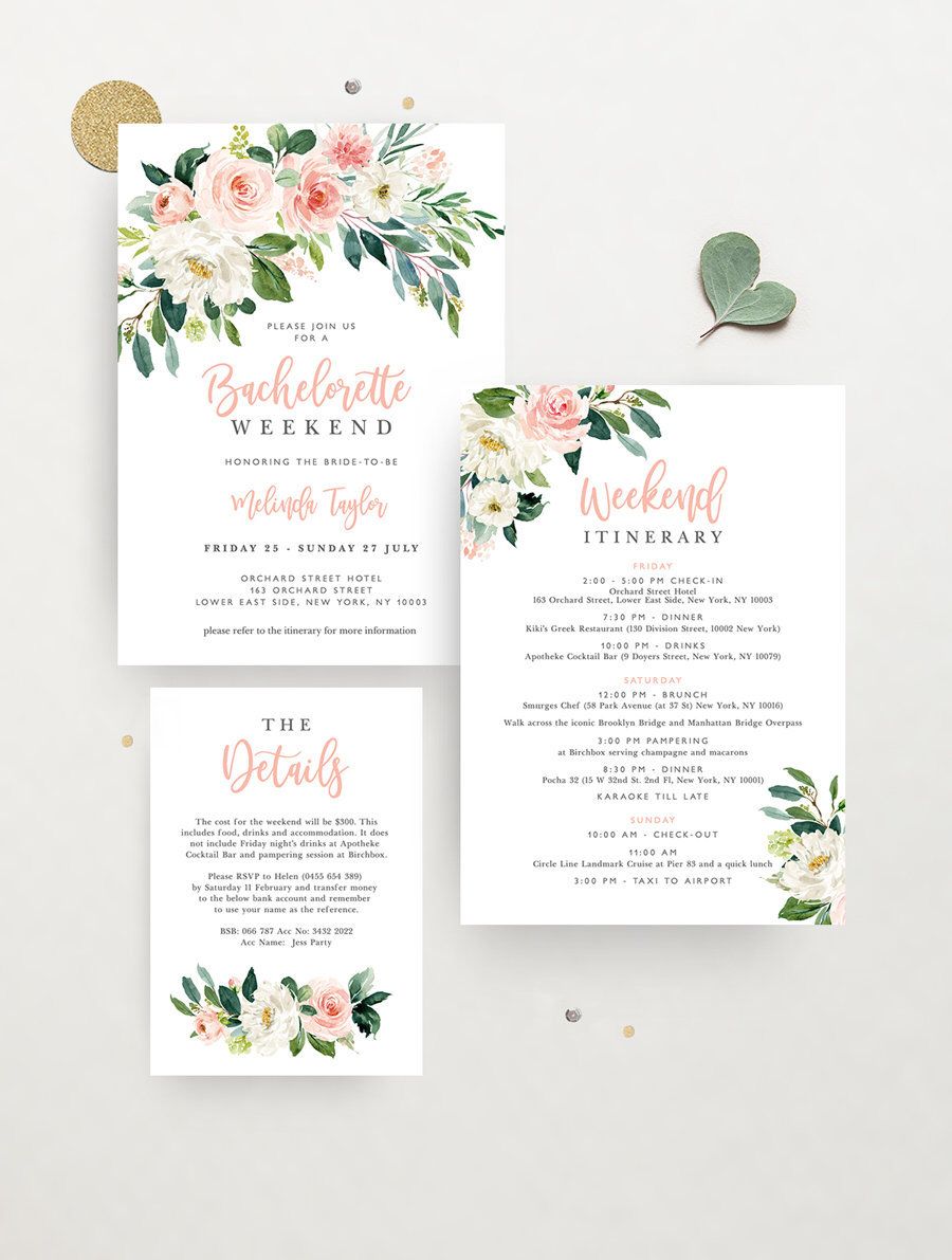 Details Printable Templett invites Hens party invitations Editable DIY templates Boho HENS weekend itinerary Black and white