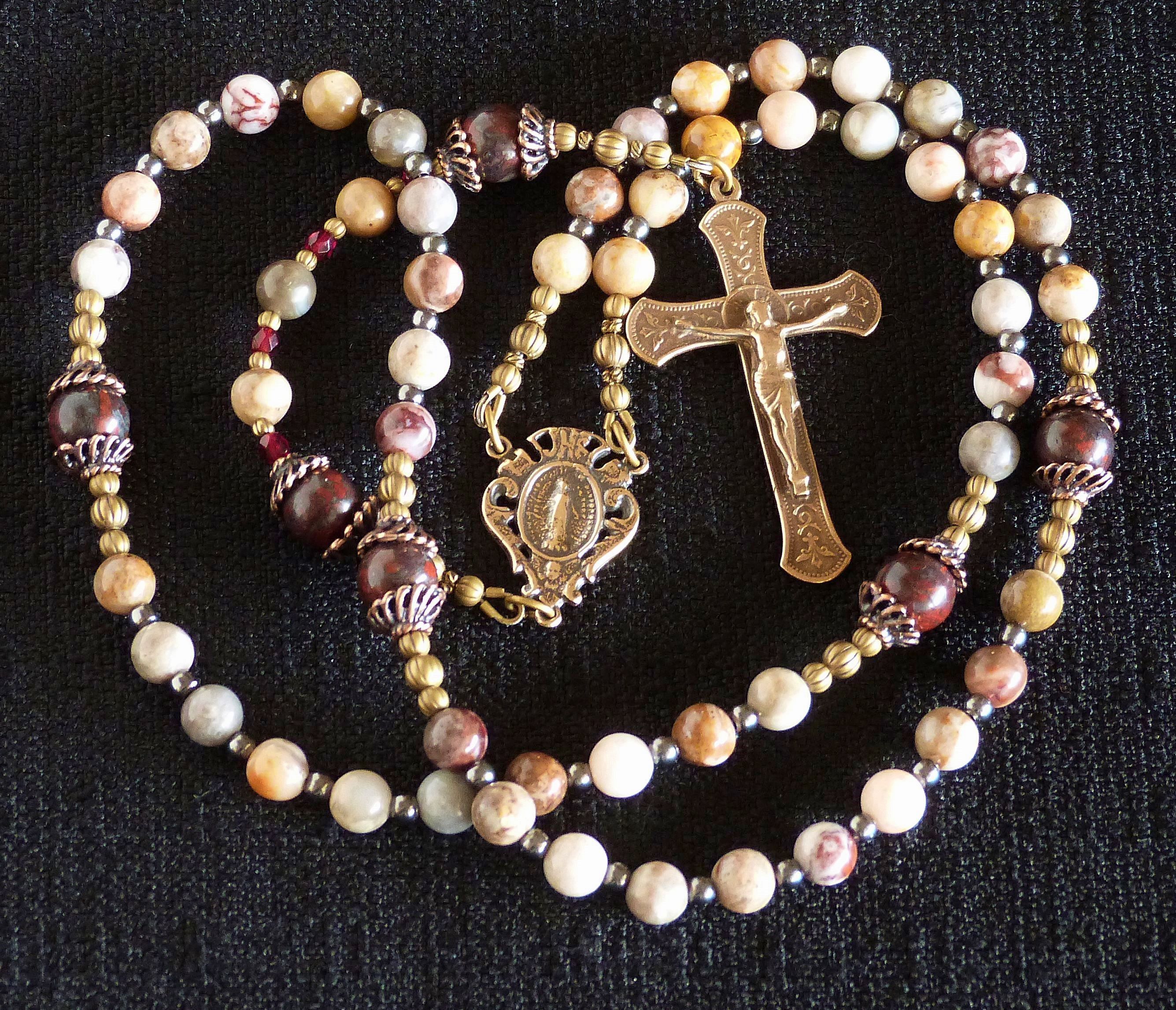 Catholic Rosary, Handmade. Immaculate Conception crucifix, Miraculous medal center piece. Crazy Lace Agate. Free Shipping and Rosary Pouch. #catholicrosaries