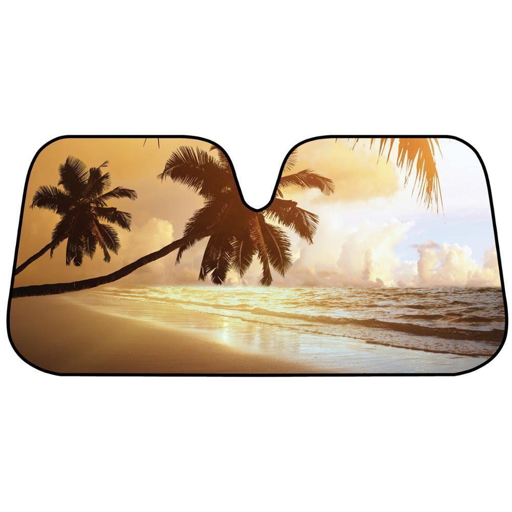 COEQINE Tropical Paradise Ocean Beach Scene with Palm Trees Print Front Car Sunshade Windshield Shade,Folding Car Windshield Sunshade Side Window Sunshade Heat and Sun Prevention Visor,2-Piece