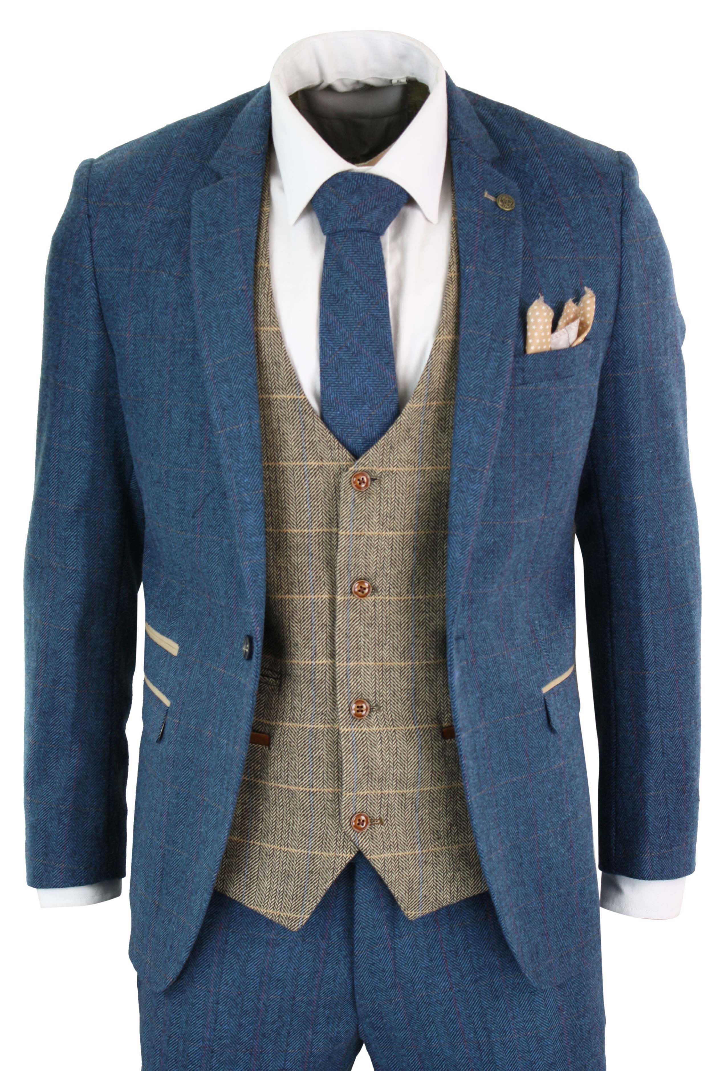 Marc Darcy Dion Mens Blue Tan Brown 3 Piece Herringbone Tweed Check Vintage Tailored Fit Suit