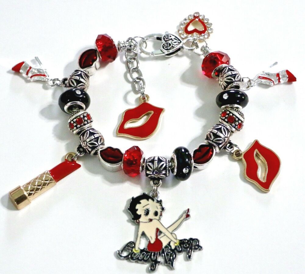 Gold Red Lips Kiss Charm Bracelet
