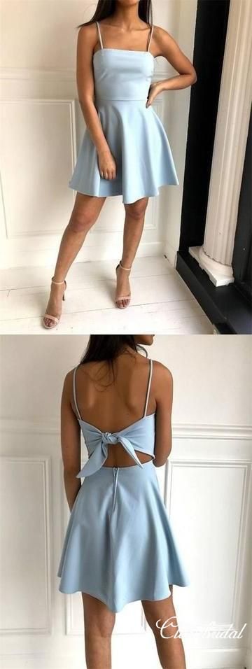 Simple Spaghetti Blue Short Prom Dresses, Homecoming Dresses #schooldancedresses