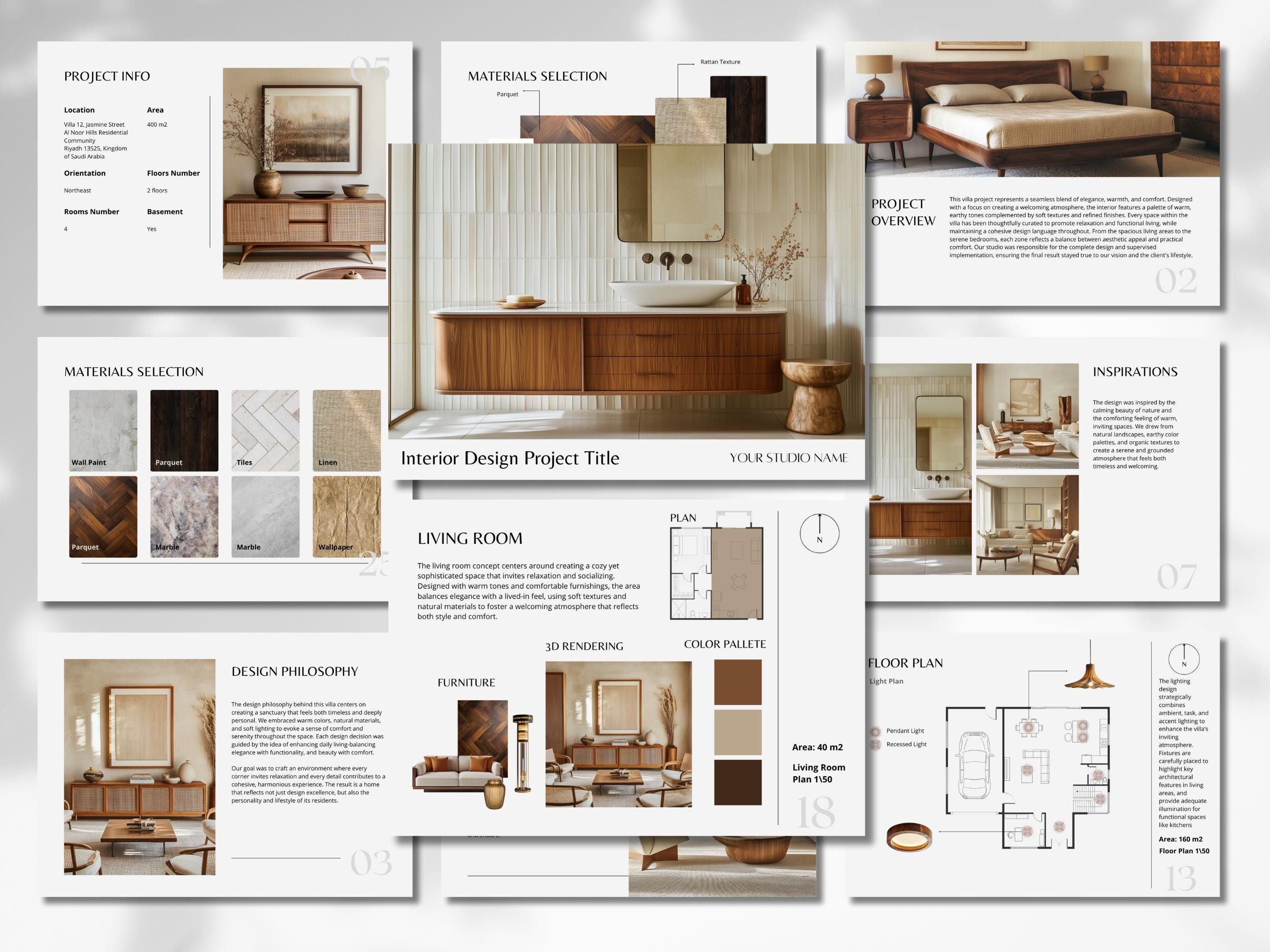 Innenarchitektur-Präsentationsvorlage, Innenarchitektur-Projektvorschlag, Kundenpräsentation, Mood Board Canva, Digitaler Kundenvorschlag