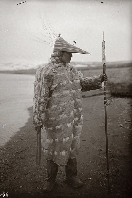 Unangax/Aleut hunter, Ivan Suvorov wearing a gut parka with a large ...