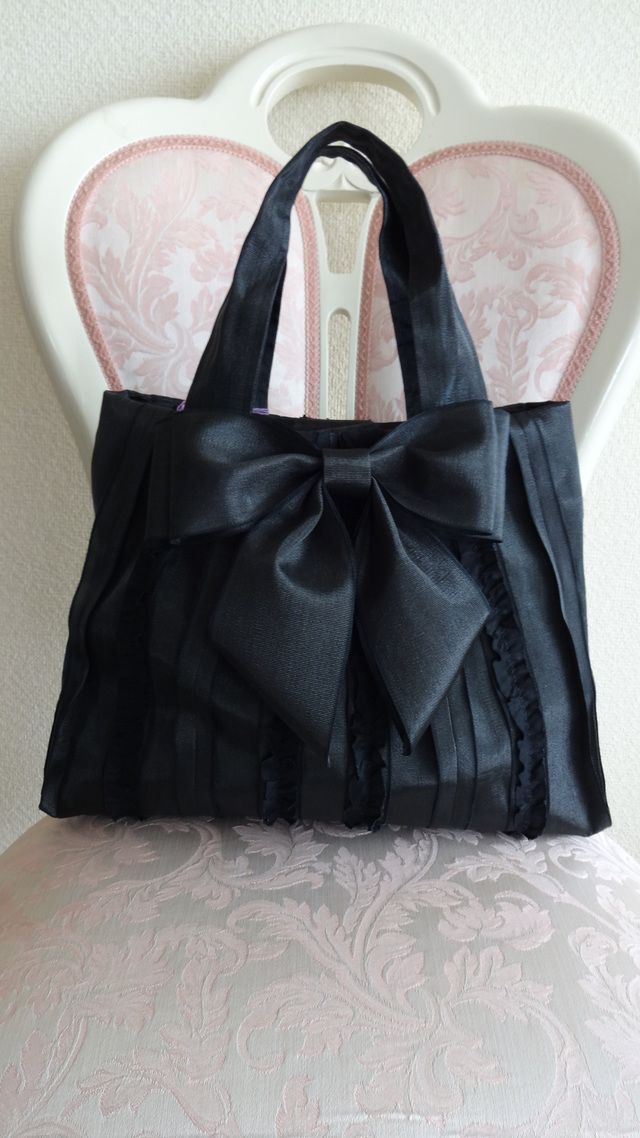 ｂ ６ たたみヘリバック 黒レース 大 バッグ ハンドメイド 畳 の へり 手作りバッグ