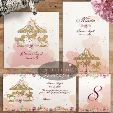 Setul complet de papetarie pentru botez Caluti prezinta un design elegant si jucaus, conturat in jurul unor nuante placute de roz, avand ca simbol central un carusel cu aspect de glitter auriu. In completare, modelul grafic prezinta si cateva flori viu colorate, modelul setului fiind ideal pentru petrecerile de botez destinate fetitelor. Place Cards, Place Card Holders, Floral, Flowers, Flower