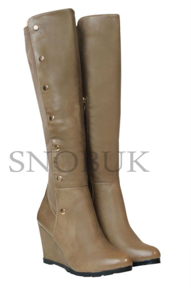 WOMENS LADIES WEDGE KNEE HIGH WINTER MID CALF BIKER ZIP BOOTS SHOES SIZE