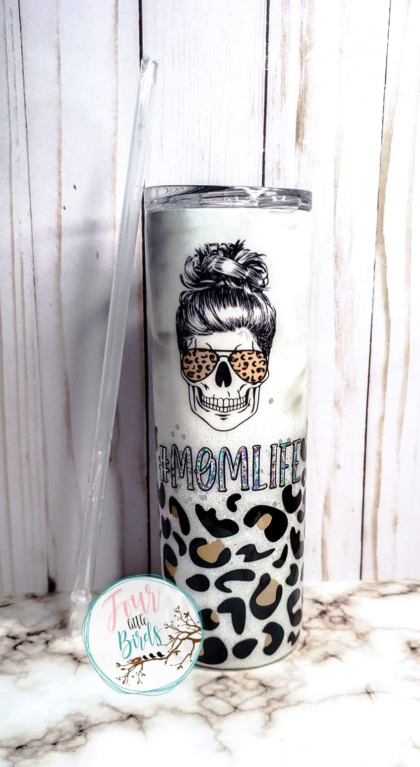 Personalized Tumbler Cheetah Print Leopard Print Mom Tumbler Glitter Tumbler Skull Mom Life Tumbler