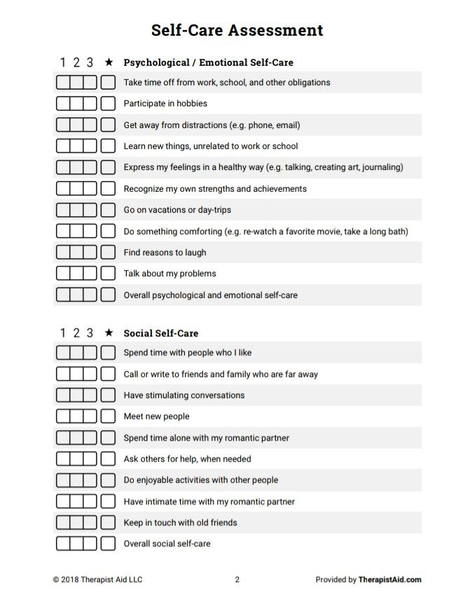 Worksheet: Self-care assessment page 2 | Self care worksheets, Therapy