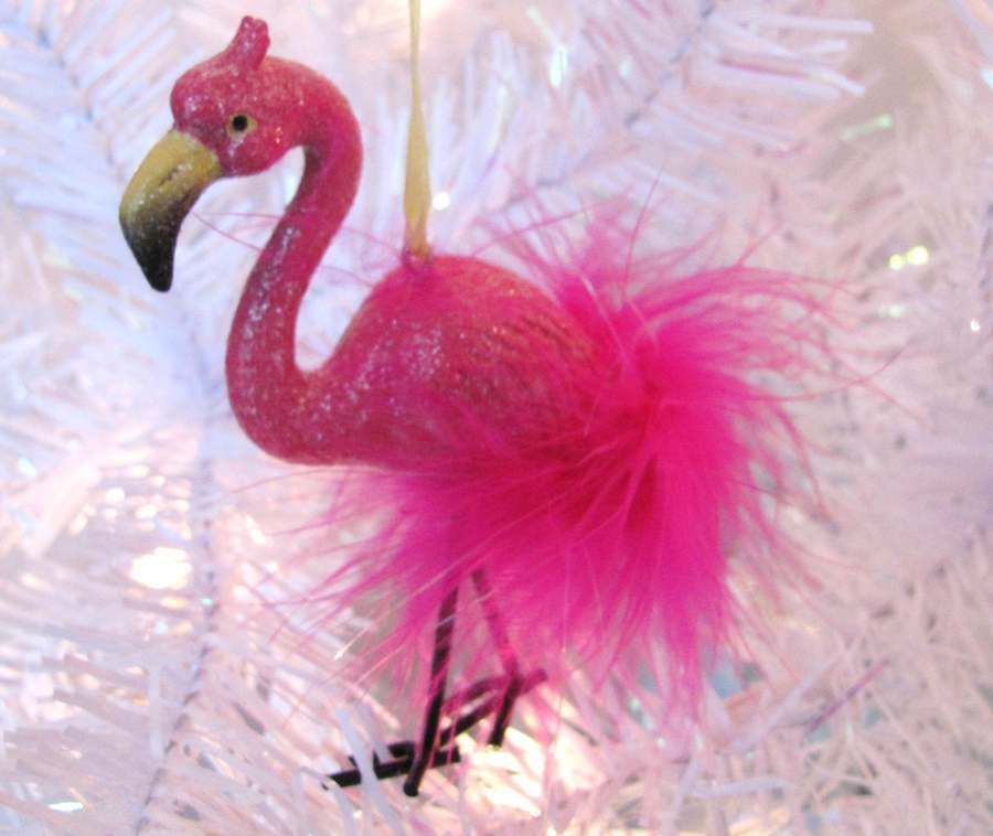 Pink Flamingo Christmas Tree Ornament Feathers Coastal Beach Holiday