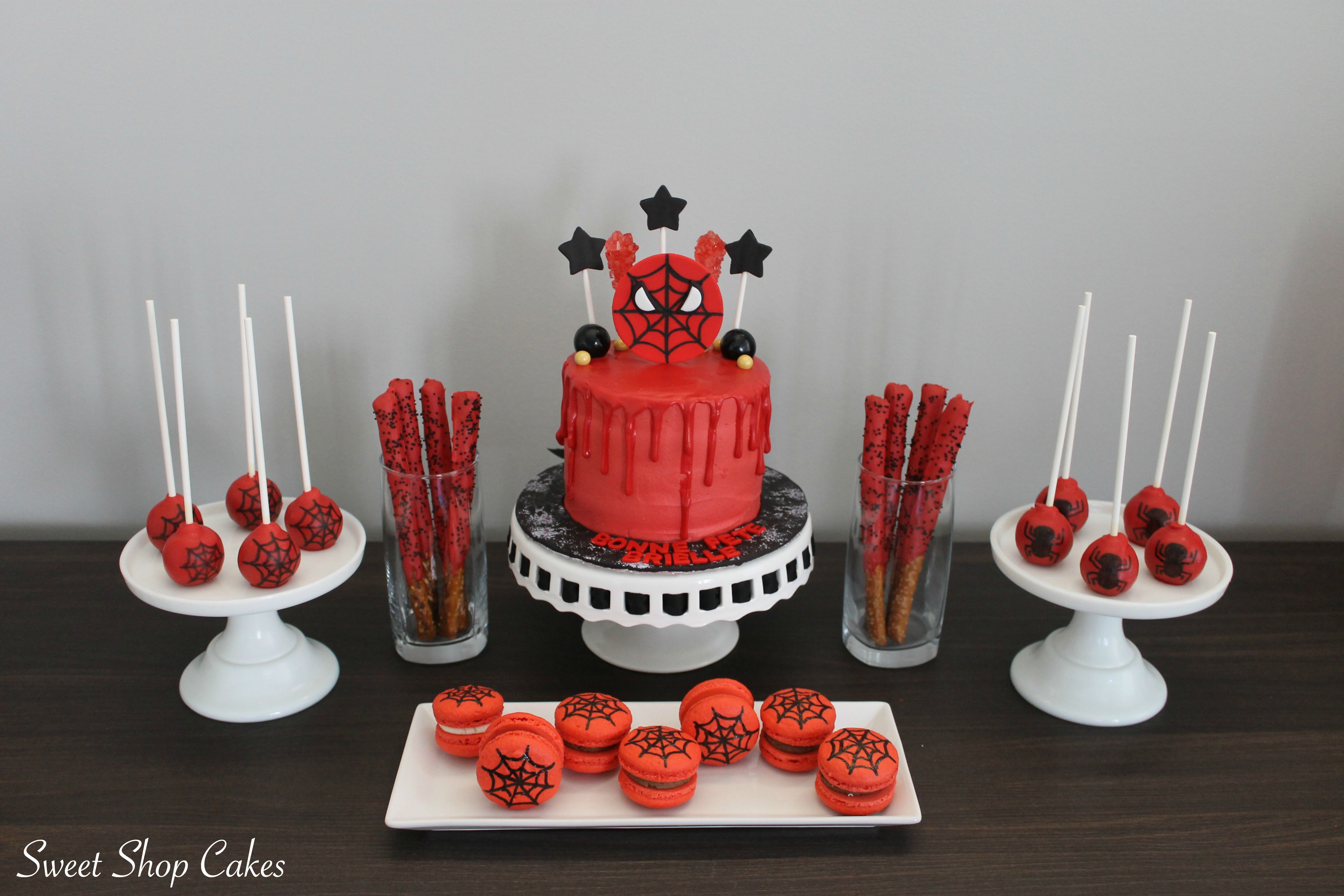 Spiderman Themed Dessert Table (Macarons, Birthday Cake, Cake Pops And Spiderman Themed Dessert Table (Macarons, Birthday Cake, Cake Pops And
