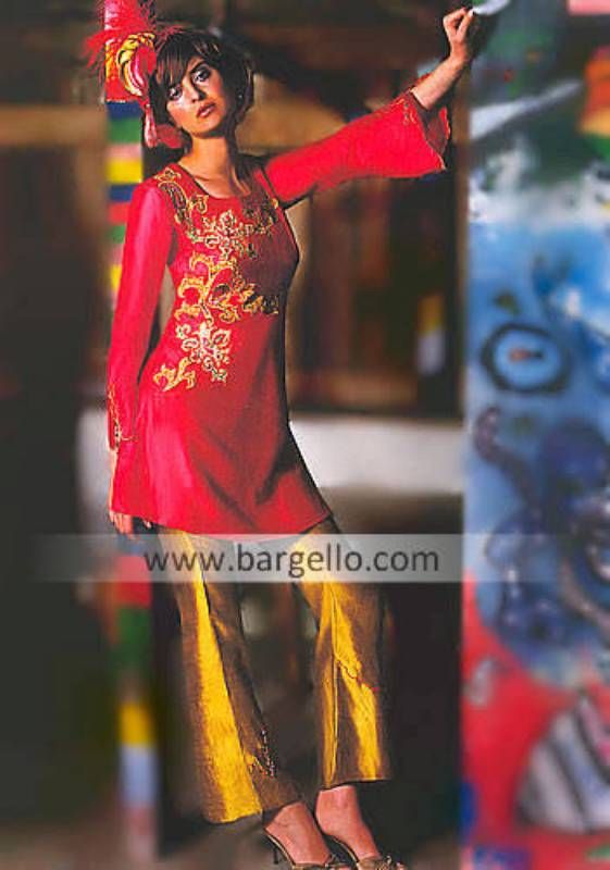 Red charmeuse silk hand embroidered top has lininig inside. Bell shapped, wave-cut sleeves giving ultra-modern look to the dress. Greyish gold beaded trouser. Red chiffon dopatta has sequence sparay. Embroidery includes crystal, beads, sequins, and rich thread work. <br><b>Made in Pakistan.</b> Pakistani Wedding Dresses, Wedding Lehenga, Wedding Dress Outfit, Dress Outfits, Red Chiffon, Shalwar Kameez, Thread Work, Trouser Suits, Embroidered Top