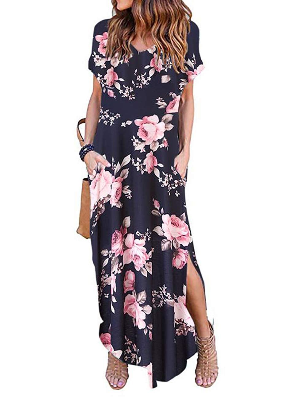AKEWEI Summer Maxi Dresses for Women,V Neck Short Sleeve Long Dresses /& Plain Loose Casual Beach Dress with Pocket