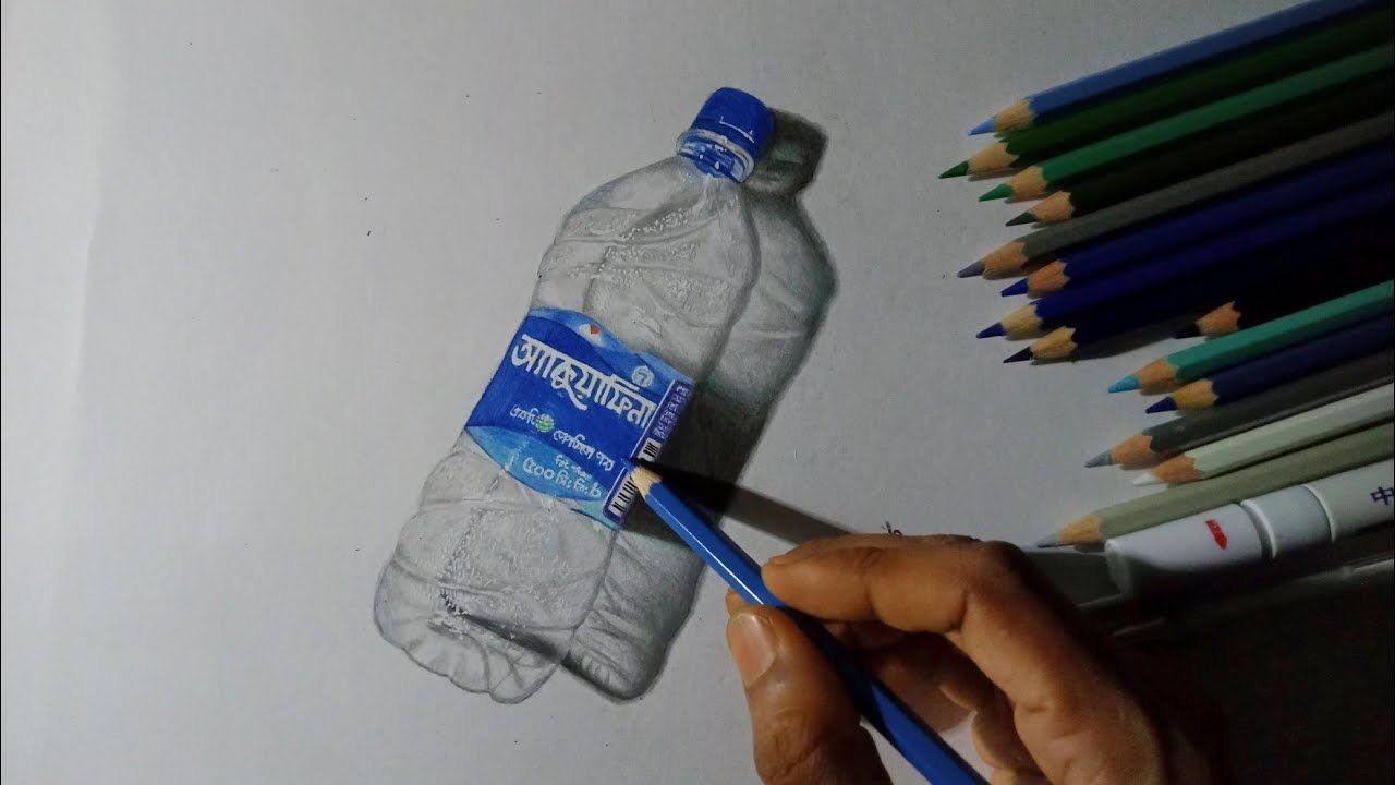 Realistic Drawings, Colorful Drawings, Water Bottle Drawing, 3d Pencil