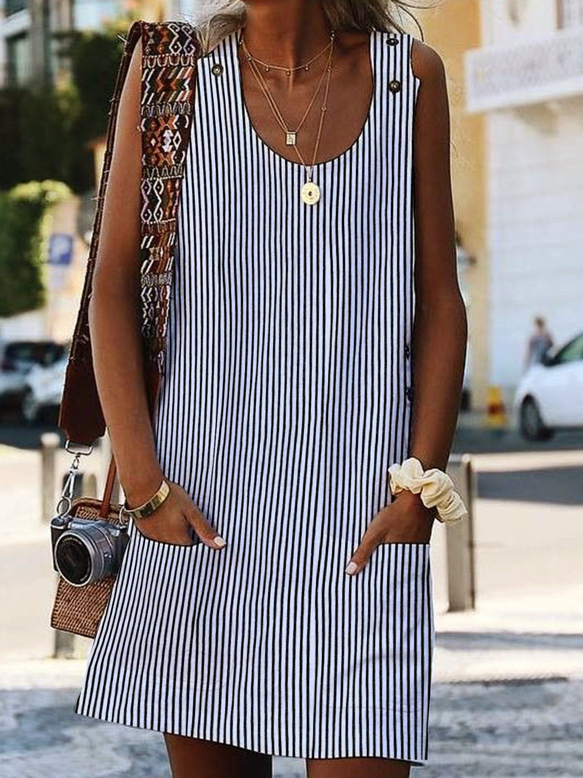 Vestido Moda Mujer Sin Mangas Estampado Escote En V Línea A Vestido Moda Mujer Sin Mangas Estampado Escote En V Línea A