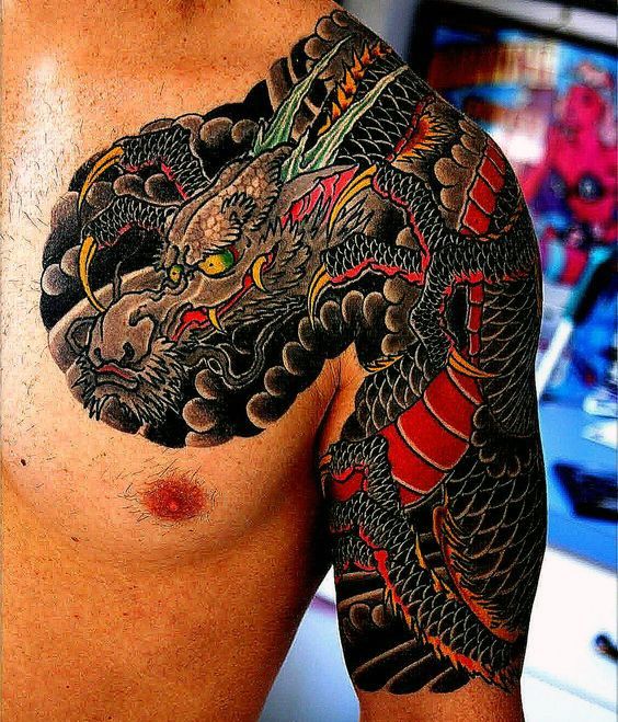 Red And Black Traditonal Japanese Dragon Mens Half Sleeve And Chest Tattoos Black Dragon Tattoo Tattoo Designs Men Dragon Tattoo