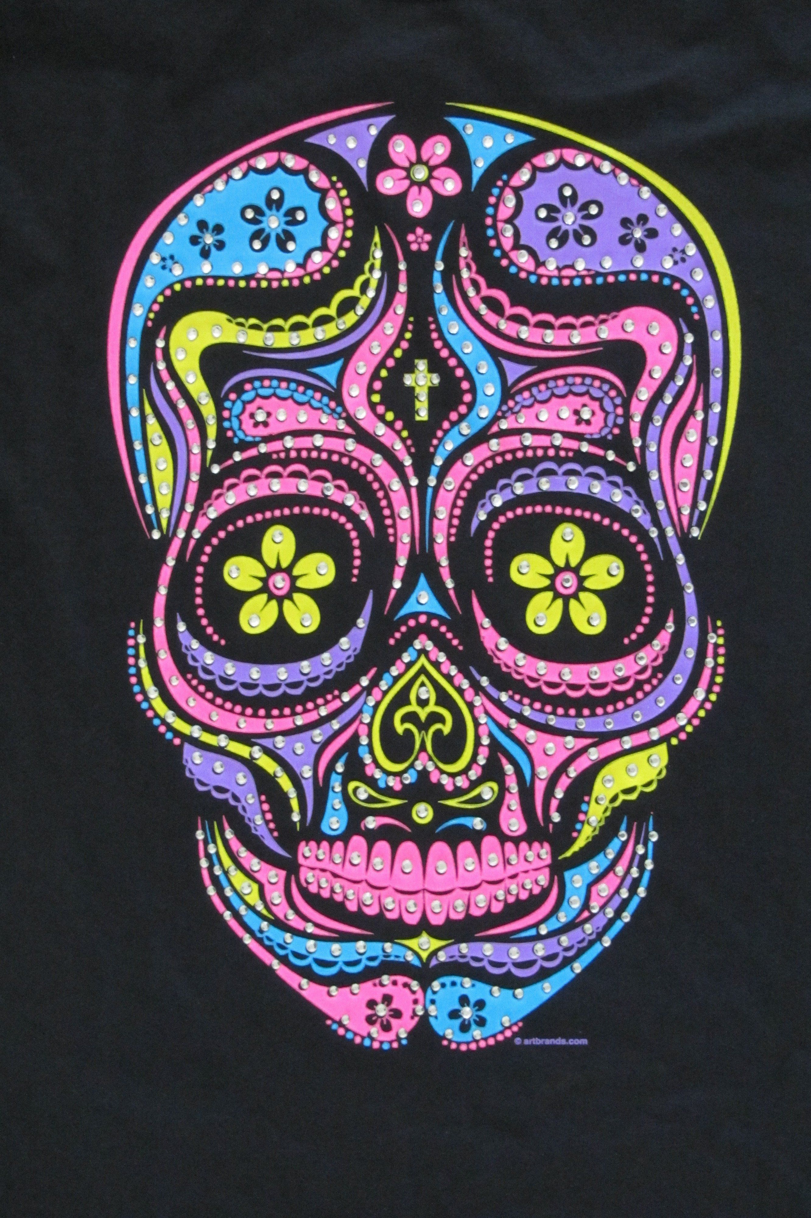 Gold Rhinestuds Day of the Dead Sugar Skull Womans SHORT SLEEVE T Shirt 15490