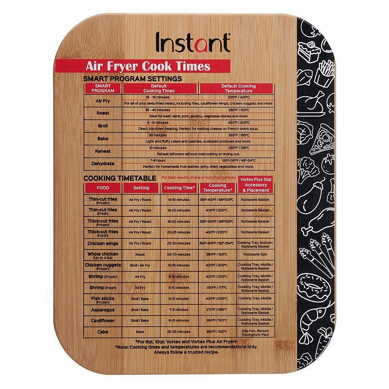 Specially designed for use with Vortex Air Fryers, this 11x14 Bamboo Cutting Board features recommended cook times for some of the most popular Instant Vortex ingredients and recipes. Specially designed for use with Vortex Air Fryers, this 11x14 Bamboo Cutting Board features recommended cook times for some of the most popular Instant Vortex ingredients and recipes. No more guessing to get it right? You'll never overcook or undercook your Instant Vortex meals, desserts, or snacks again FEATURES C Air Fyer Recipes, Air Fryer Dinner Recipes, Air Fryer Recipes Easy, Califlower Recipes, Cook Smarts, Cooking Accessories, Instant Pot Dinner Recipes, Air Frying