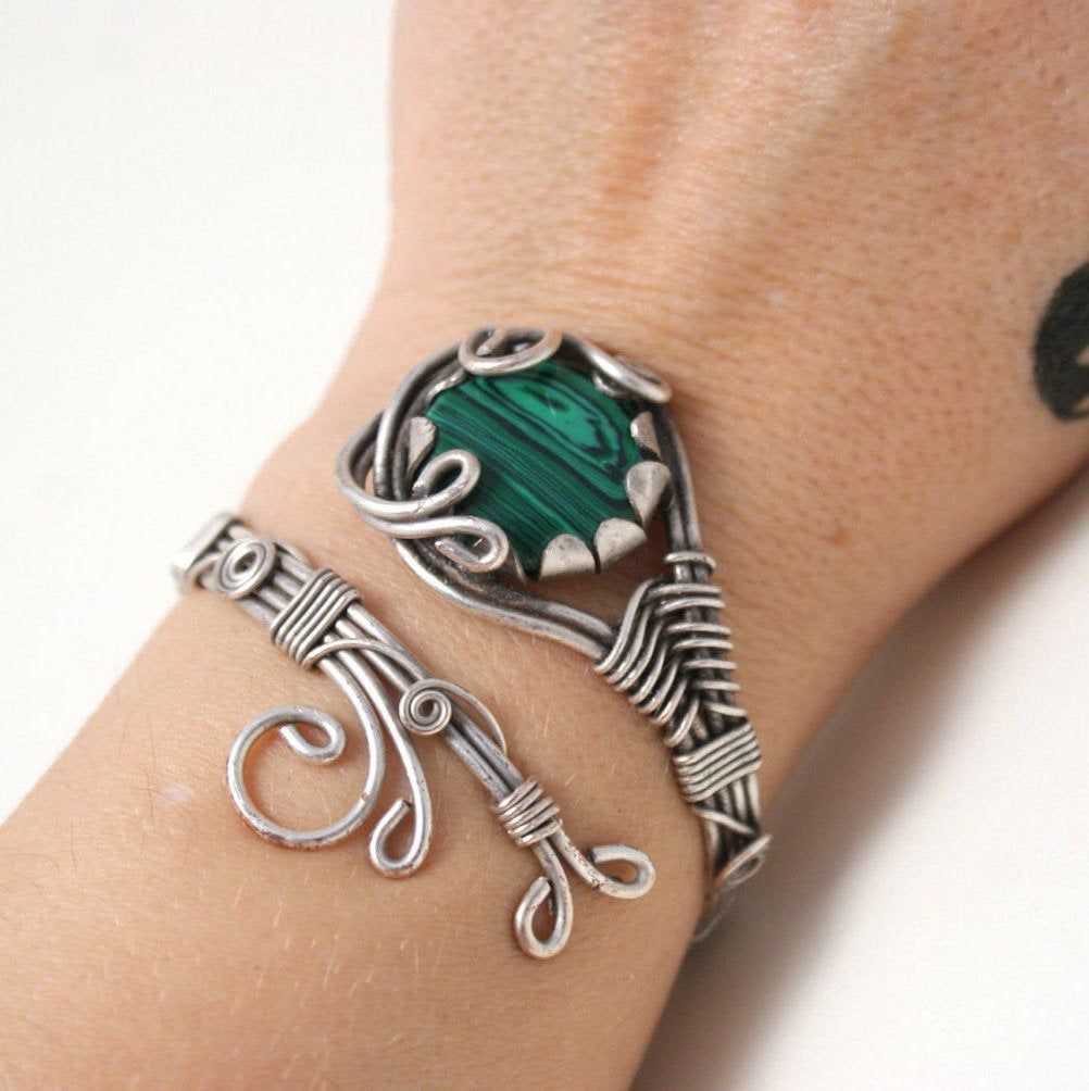 Silver Malachite Bracelet, Malachite Cuff Bracelet, Unique Bracelets For Women, Wire Wrapped Jewelry Handmade, Unique Gift For Women - - #bracelet #...