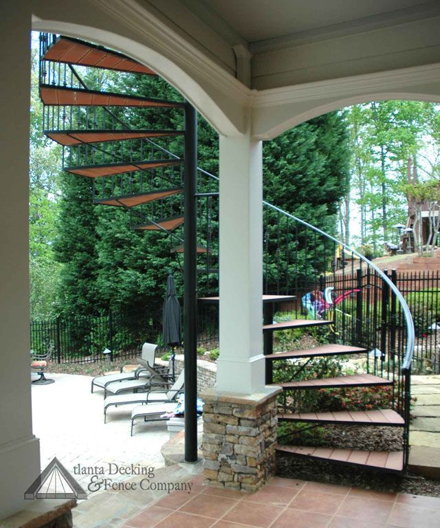 Exterior spiral stairs add a modern flair to your multi-level deck or outdoor room project. We specialize in graceful spiral stairs that wow your guests. Spiral Staircase Outdoor, Deck Staircase, Spiral Stairs Design, Outdoor Stairs, Spiral Staircases, Patio Under Decks, Decks Backyard, Outdoor Backyard, Decks And Porches