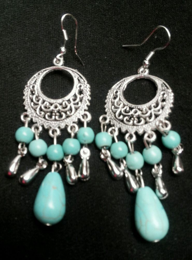 Charming Turquoise Silver Dangle Chandelier Earrings Party Dancing Elegant Turquoise Silver Dangle Chandelier Earrings Party Bellydancing Costume