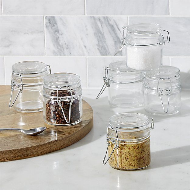 Mini Spice Jars With Clamp Set Of Six Crate And Barrel Glass Food Storage Containers Spice Jars Food Storage Containers, Mini Spice Jar With Clamp