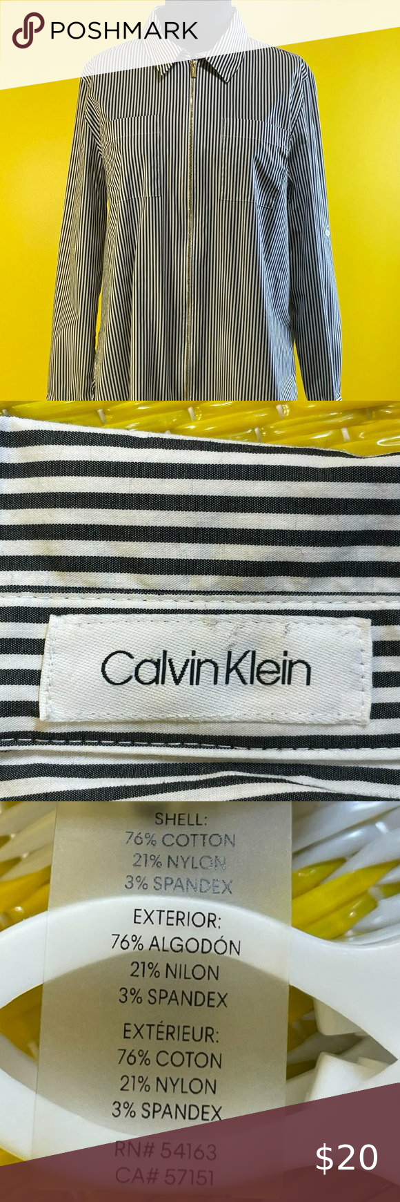 Ladies Calvin Klein Cotton Nylon Spandex Black White Zip Front Collar Long Sleev Vertical Striped Shirt, Black White Gold, Calvin Klein, Spandex, Collar, Zip, Lady, Cotton, Check