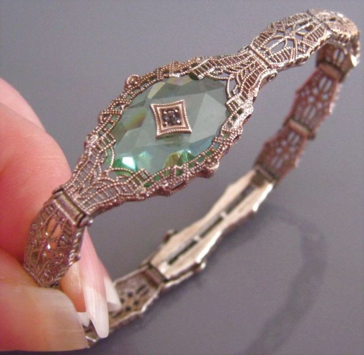 Art Deco PERIDOT Kampfer Glas Kristall FILIGREE Sterling Silber Armband mit - A...