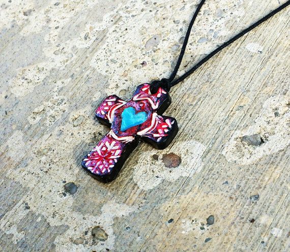 Unique Silver and Red Heart with Cross Pendant