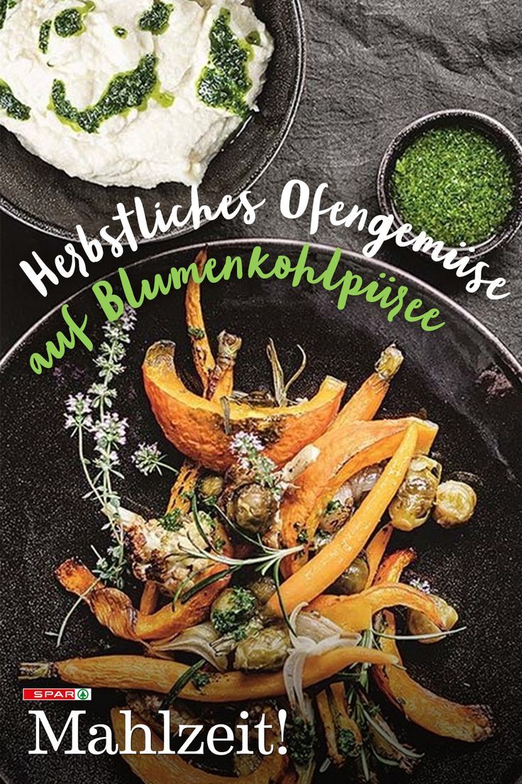 Knackig, vielfältig und nicht nur schön anzusehen – unser herbstliches Ofengemüse auf Blumenkohlpüree bringt den Genuss-Herbst auch auf deinen Teller. Entdecke jetzt das SPAR Mahlzeit! Rezept für einen bunten saisonalen Gemüsemix. Bibimbap, Shrimp, Meat, Ethnic Recipes, Quick, Food, Inspiration, Meal, Chef Recipes