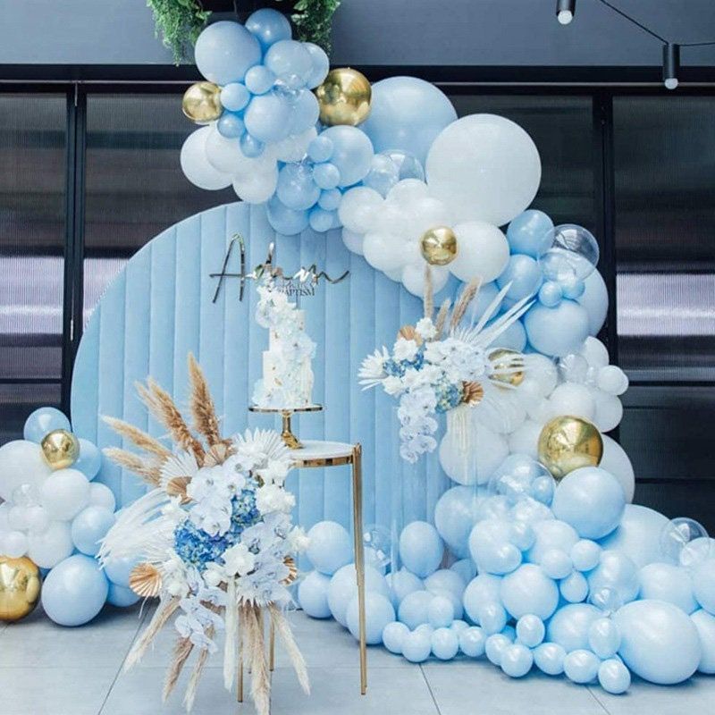 Impress your guests with this baby blue, gold and white balloon garland ...