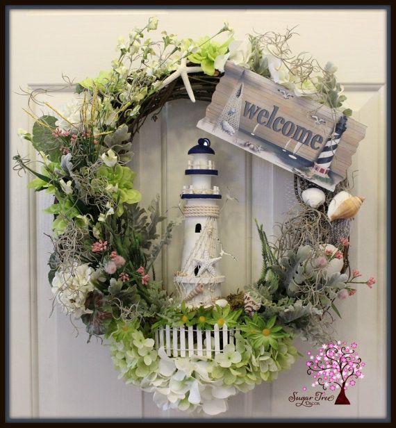 Lighthouse Wreath Beach Themed Wreath Summer by SugarTreeDecor Sea Glass Crafts, Seashell Crafts, Beach Crafts, Coastal Wreath, Nautical Wreath, Beach Wreaths, Coastal Decor, Diy Wreath, Door Wreaths