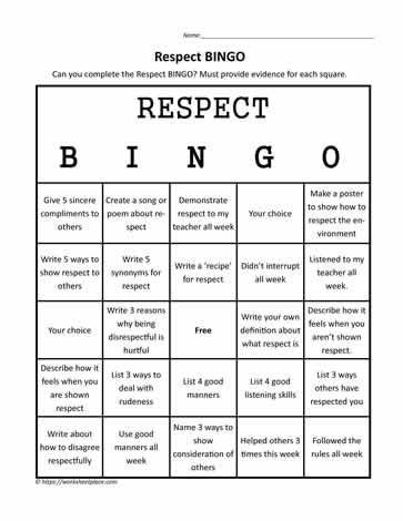 respect bingo character education bingo teaching
