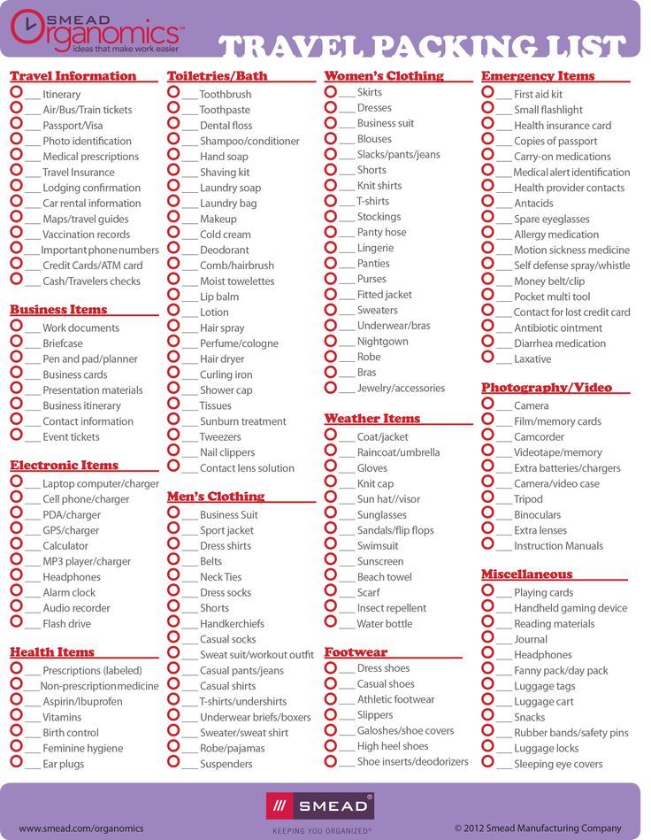 list of items to pack for vacation