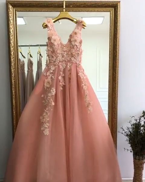 Elegant Lace Flowers V-neck Long Tulle Split Evening Gown Dresses – alinanova