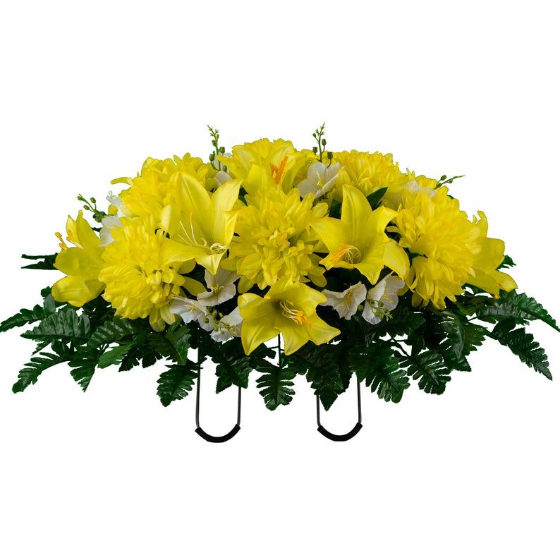 Spring or Easter Cemetery Flowers for Headstone and Grave Decoration-Yellow Peony and Lily Mix Saddle