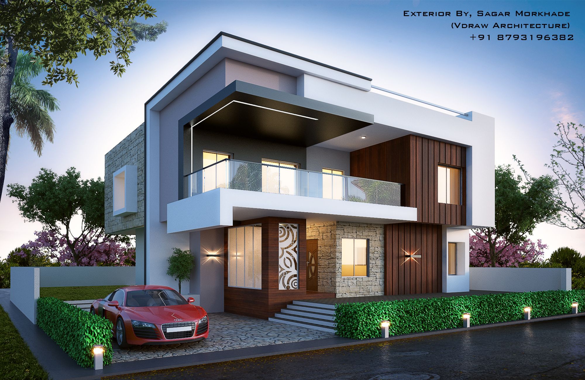 Modern bungalow Exterior By, Ar.Sagar Morkhade (Vdraw Architecture) +91