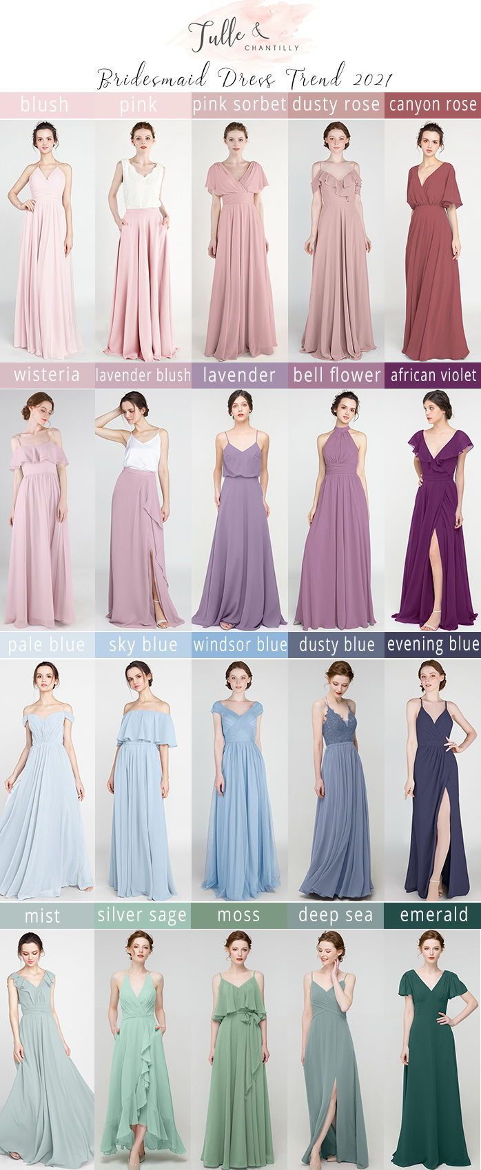 Bridesmaid Colors, Bridesmaid Dress Styles, Bridemaid Dress, Beautiful Bridesmaid Dresses, Purple Wedding Dresses, Wedding Dress Styles Guide, Purple Tulle Dress, Green Chiffon Bridesmaid Dress, Different Wedding Dress Styles